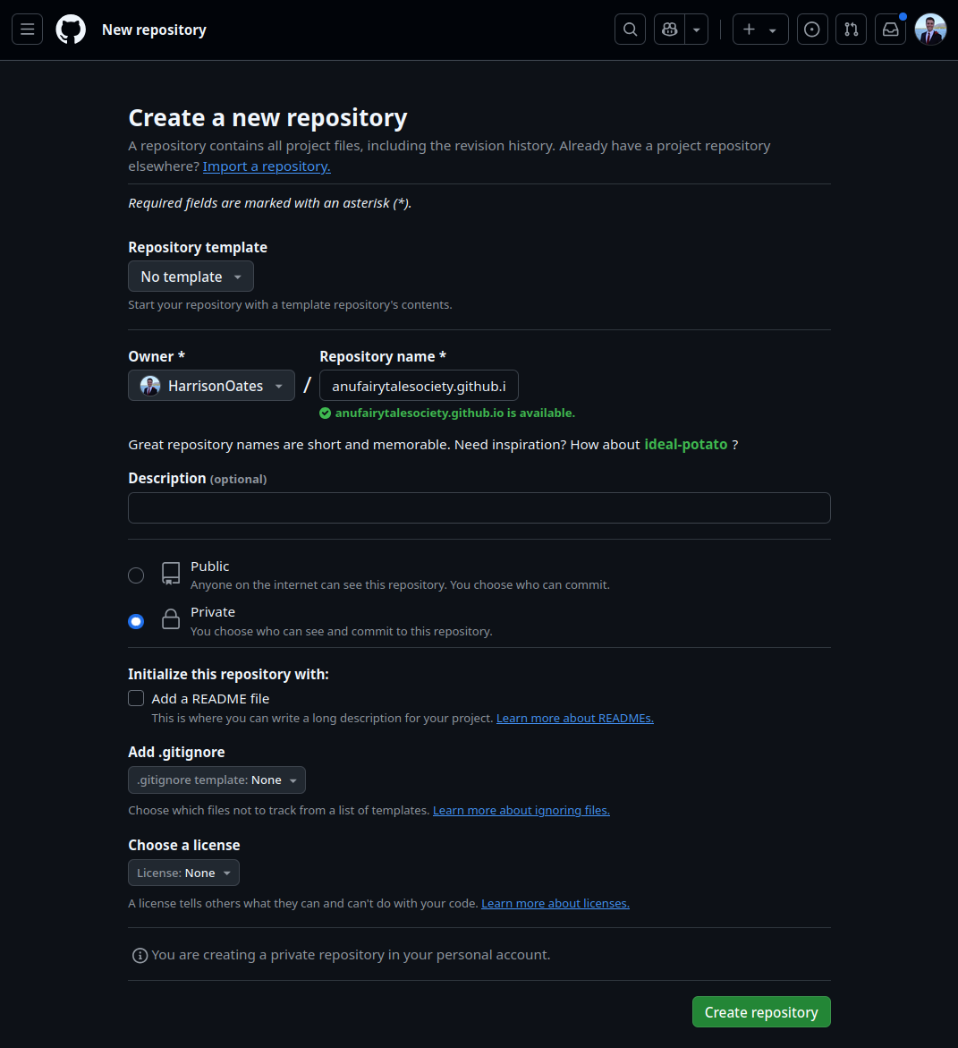 GitHub New Repository Form
